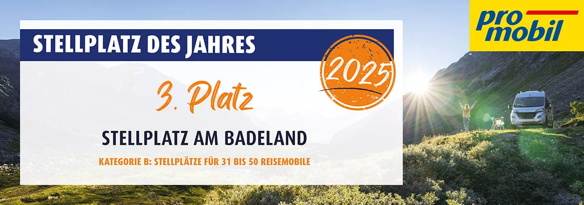Banner der promobil Auszeichnung "Stellplatz des Jahres 2025" – 3. Platz der Kategorie B Stellplätze