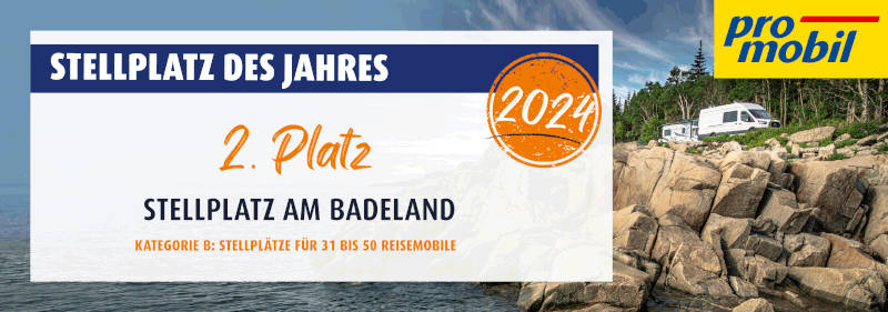 Banner der promobil Auszeichnung "Stellplatz des Jahres 2024" – 2. Platz der Kategorie B Stellplätze