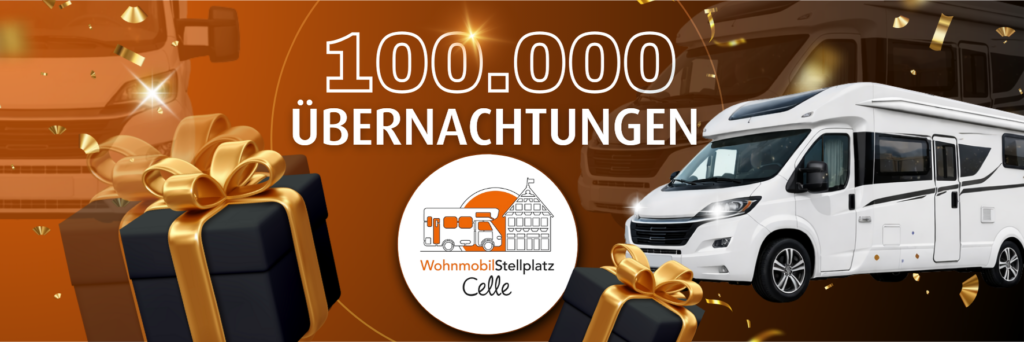 Banner zum 100.000-Übernachtungen Gewinnspiel mit Logo vom Wohnmobilstellplatz, Wohnmobilen und Geschenkboxen