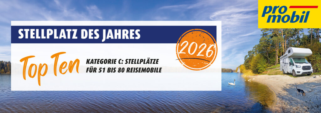 Banner der promobil Auszeichnung "Stellplatz des Jahres 2026" – Top Ten der Kategorie C Stellplätze